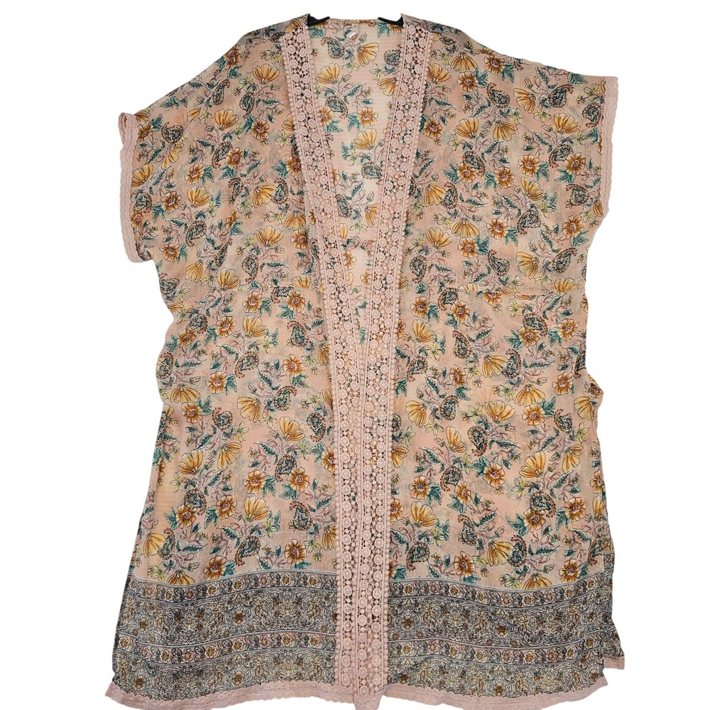 Floral Crochet Lace Trim Kimono Cardigan Peach Pink Boho Open Front Wrap M/L